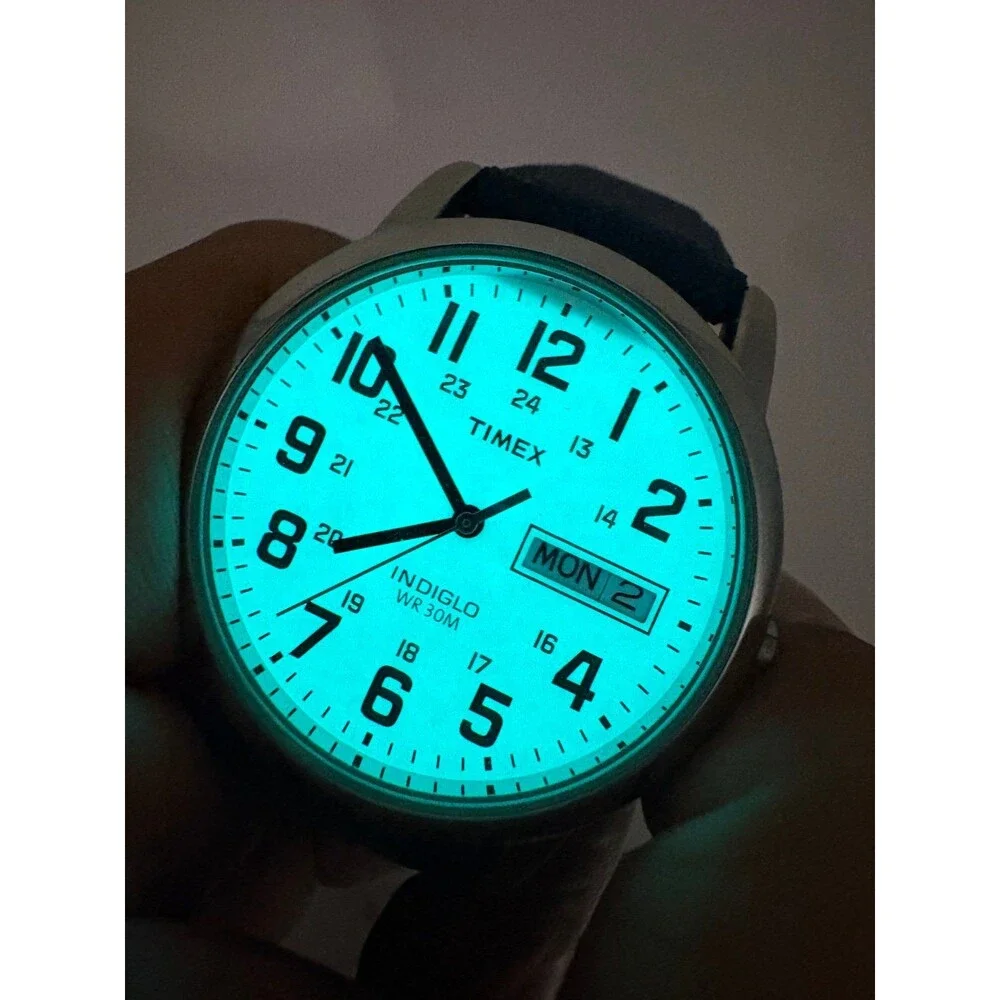 Timex T20461 Indiglo Mens Watch White Dial Day Date BRAND NEW Navy Canvas Strap